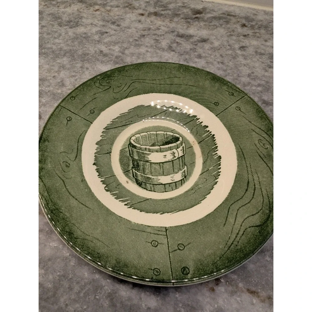 Vintage Royal China Colonial Homestead Green Water Bucket Plate & Small Dish